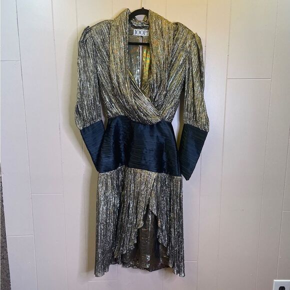 Joop! Vintage Long Sleeve Metallic Thread Structured Asymmetrical Hem Mini Dress - Picture 2 of 9